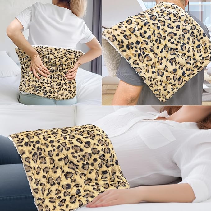 Full Weighted Electric Heating Pad for Back Pain & Period Cramps Relief, Heat Pad with 12 Heat Settings, Plush 2.3LB Hot Weighted Heated Pad (Leopard Print, 12''×24'' BZ Brown)