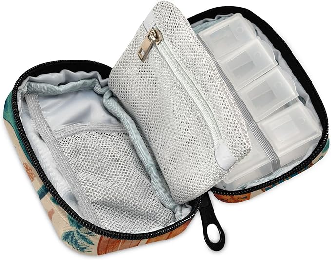 Vintage Beige Surfing Sharks Ans Palm Trees Travel Pill Organizer Case Box Container Weekly Portable Vitamin Medicine Holder Storage Bag with Zipper Removable