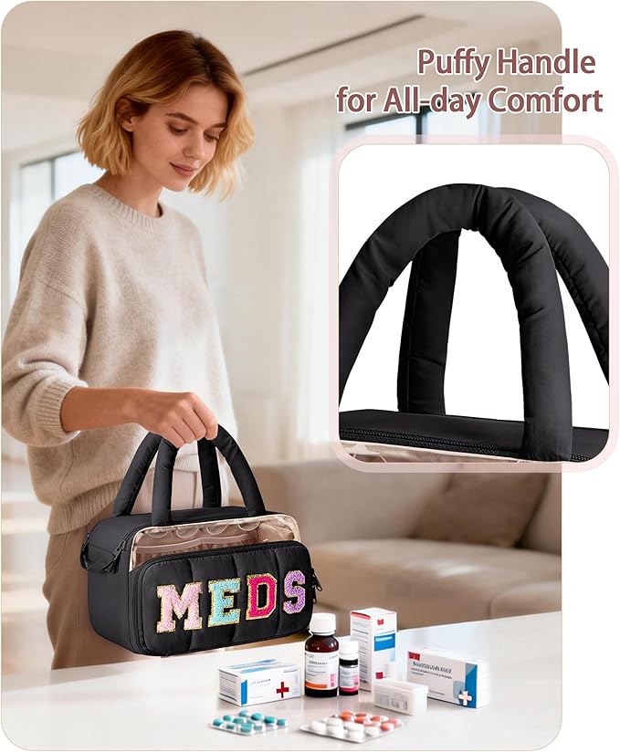 Fasrom Chenille Letter Medicine Bag, Preppy Patch Meds Bags for Travel, Pill Bottle Organizer with Puffy Handles, Portable Cosmetic Toiletry Storage Makeup Case for Women, Black (Bag Only)