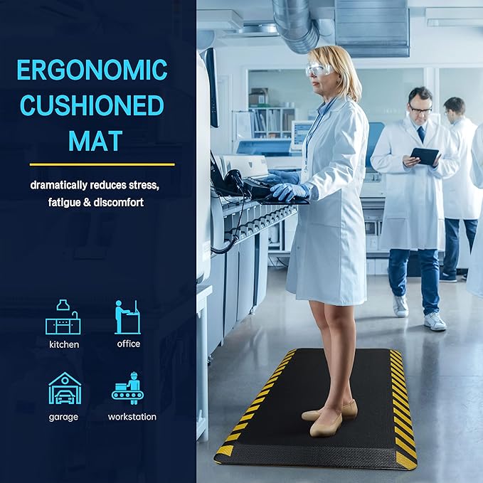 FEATOL Anti Fatigue Mat Industrial, Ergonomic Standing Floor Mat for Work for Stand -Safety Support for Leg & Back Pain(Yellow Border, 20" x 59", 2PC)