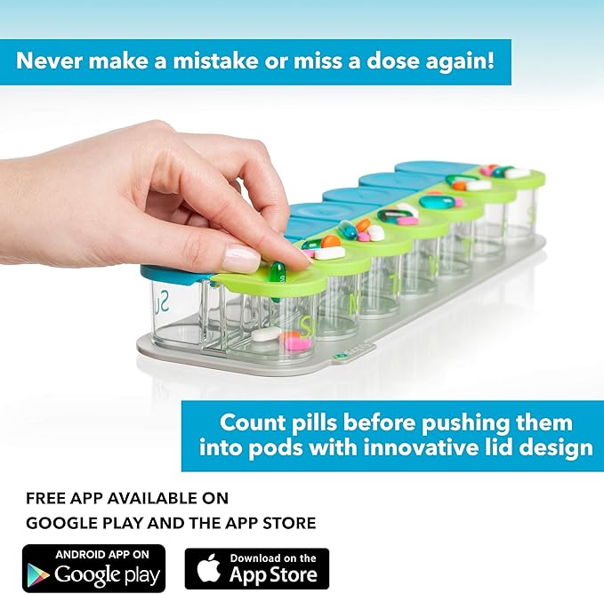 Sagely Smart XL Weekly Pill Organizer AM/PM - Medicine Storage Organizer with Reminder Alarm App (Large Enough to Fit Fish Oil, Cod Liver Oil, Vitamin D Supplements & Vitamins) (Mint Blue/Coral)