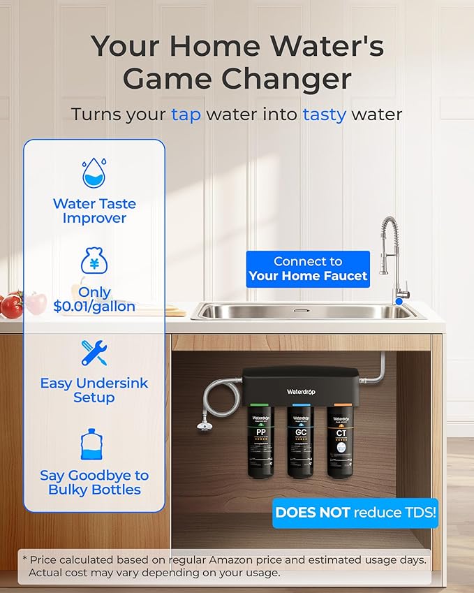 Waterdrop TSA 8 Layer Under Sink Water Filter System, Under Sink Water Filtration System, Reduces PFAS, PFOA/PFOS, Fluoride, Chlorine, Bad Taste & Odor, NSF/ANSI 42 Certified Element, USA Tech
