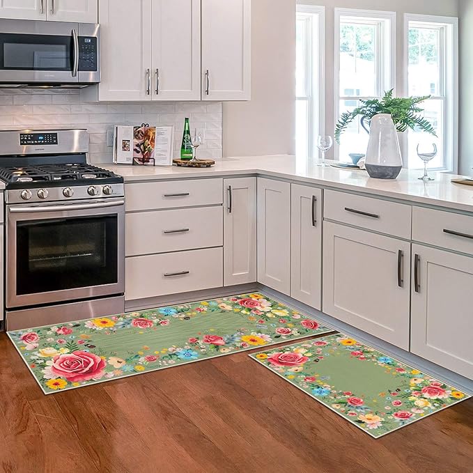 Green Floral Kitchen Mats for Floor, Red Rose Flower Boho Kitchen Rugs Sets of 2, Non Skid Washable Rubber Runner Rugs, Spring Home Decor Accessories 17x30 and 17x47 Inch
