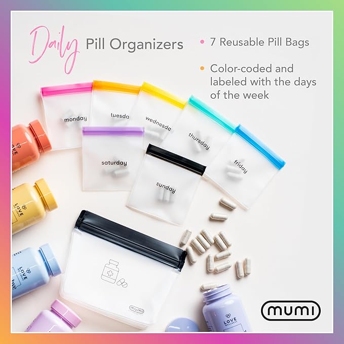MUMI Ultimate Wellness Bundle - Pill Pouch Set and Single Dose Kit - 7pc Mini Pill Bags with 1 Large Zipper Pouch and 7pc Powder Supplement Packets with 1 Large Zipper Pouch
