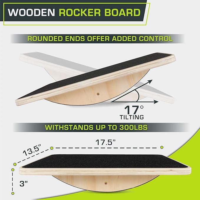 ProsourceFit Wooden Rocker Balance Board Anti-Slip Core Trainer 17.5in (39.5cm) for Physical Therapy, Exercise, Stability Training, Ideal Standing Desk Balance Board, Black