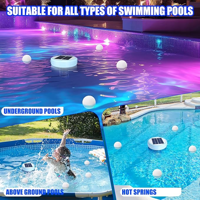 Qualirey Solar Pool Ionizer Automatic Floating Pool Cleaner, Water Ionizer with 4 Pcs Scum Collection Ball, for Above Ground and Inground Pools, up to 35, 000 Gallons (Blue,7.9 Inch)
