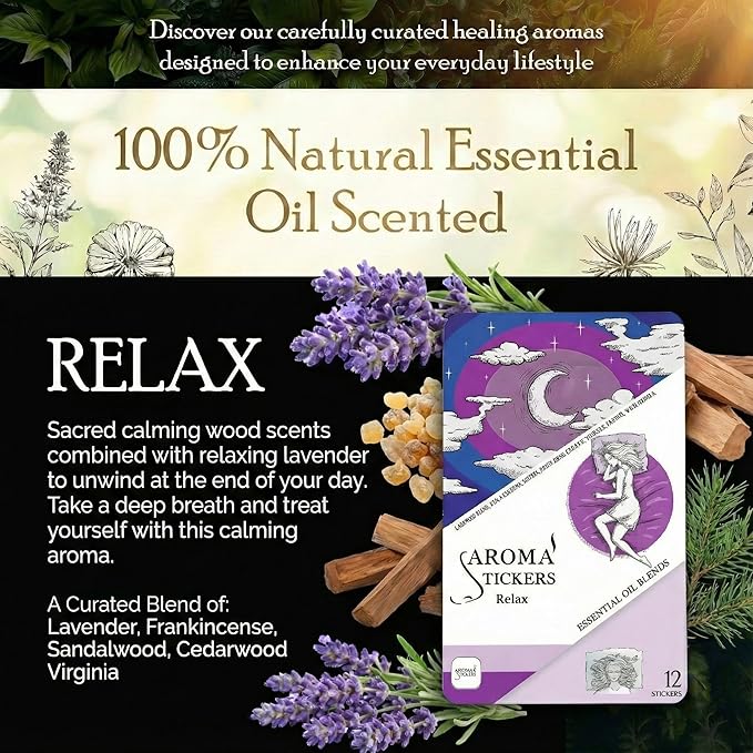 Cotton Eye Mask with AROMA STICKERS®︎ - Relax - Natural Essential Oil Scented - Aromatherapy Sticker Diffuser for Eye Mask - Lavender, Frankincense for Sleeping, with Gift Bag (Pack of 1,12 Stickers)