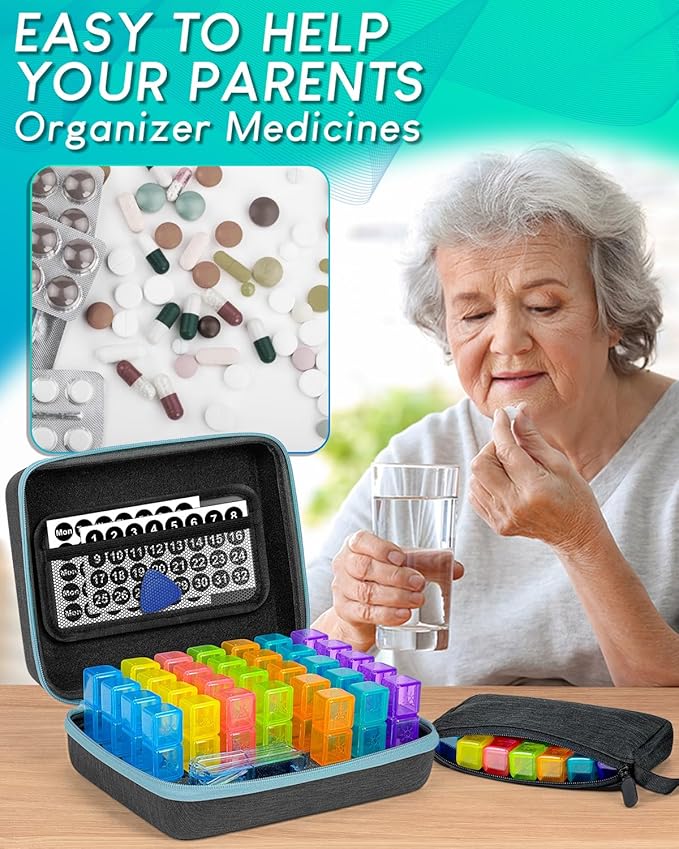 Monthly Pill Organizer 2 Times a Day with Weekly Pill Bags, Portable Hard Shell Case, Pill Cutter & Opener Pick, Monthly and Weekly Stickers for Medication Management (Blue, 3 Times a Day)