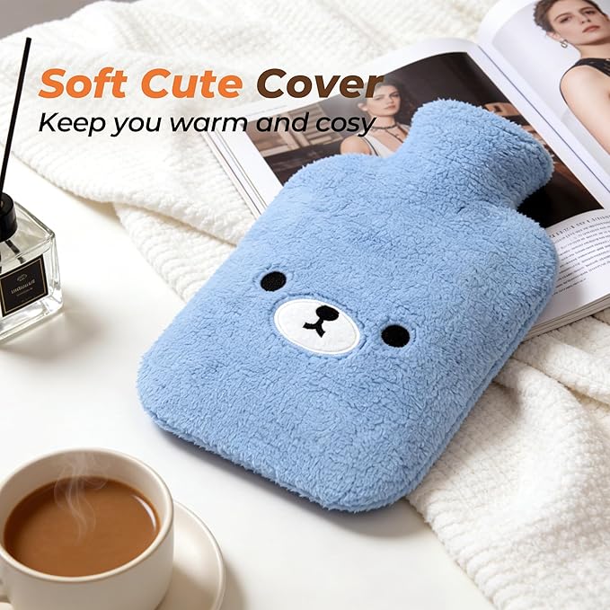 samply Hot Water Bottle with Cute Fleece Cover, Hot Water Bag for Hot and Cold Compress, Hand Feet Warmer, Neck and Shoulder Pain Relief, Light Blue Bear
