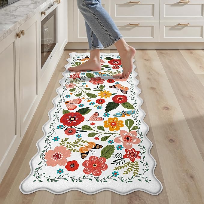 Scalloped Kitchen Mats for Floor Cushioned Anti Fatigue Kitchen Mats Rugs Waterproof Non Slip Farmhouse Boho Floral Comfort Foam Standing Mat for Sink Laundry, White, 17.3x47