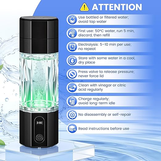 Hydrogen Water Bottle 10,000+PPB - PPB Molecular Hydrogen Infusion - SPE/PEM Technology (Black)