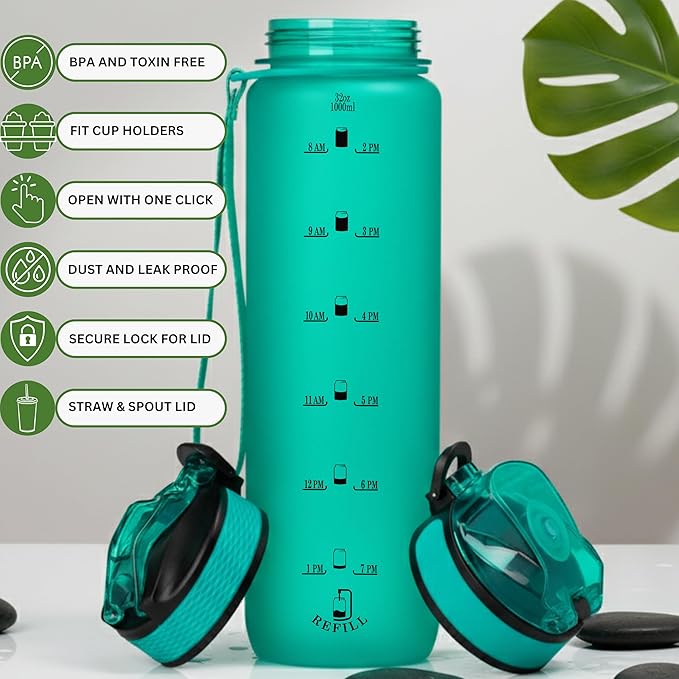 32oz Titan Water Bottle with Time-Marked, 2 Lids (Fast Flow & Straw) - BPA/BPS Free, Leak-Proof, Airtight, Reusable Water Bottle - Perfect for Sports, Hiking (Green)