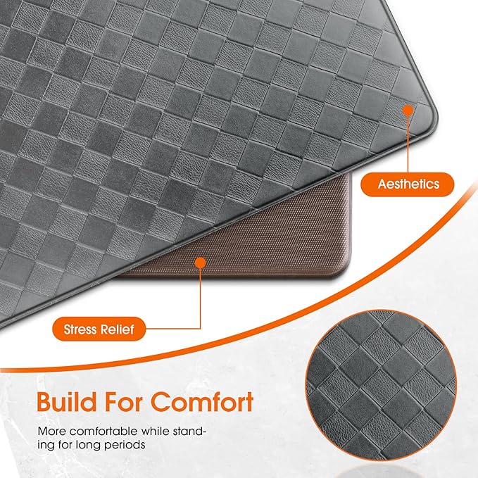Kitchen Mats, 2PCS Kitchen Rugs, Cushioned Anti Fatigue Kitchen Mats for Floor, Non-Slip Standing Sink Mat, Waterproof Kitchen Rug Set for Kitchen Floor Office,17.3"×30"+17.3"×47" Grey