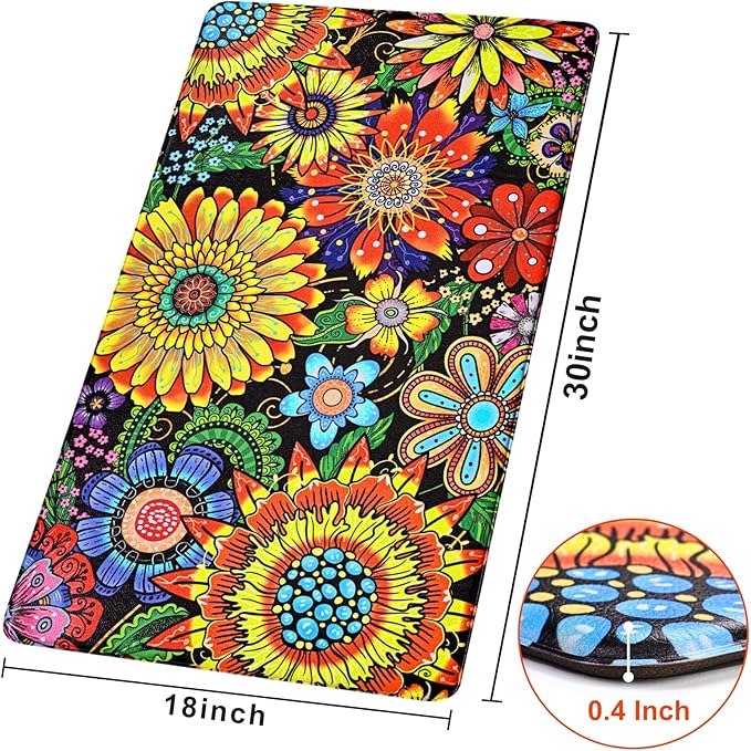 Likiyol Boho Kitchen Rugs, Boho Floral Anti Fatigue Kitchen Mat for Floor, Bohemian Flowers Non Slip Washable Kitchen Floor Mats, Comfort Standing Mat, 18'' x 30'', Yellow