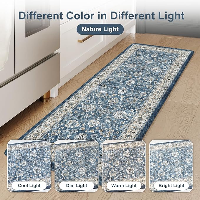 KIMODE Anti Fatigue Kitchen Mats 17.3" x 47"+17.3" x 29", Boho Blue Kitchen Rugs Sets of 2, Non Slip Waterproof Kitchen Floor Mats, Vintage Memory Foam Kitchen Mat for Sink, Laundry, Desk