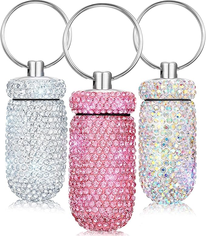 3 Count Multi-colored Aluminum Blingbling Crystals Waterproof Portable Pill Organizer Case Container Storage Box Pocket Keychain Holder for Medicine Vitamins Outdoor Camping Travel Dispenser