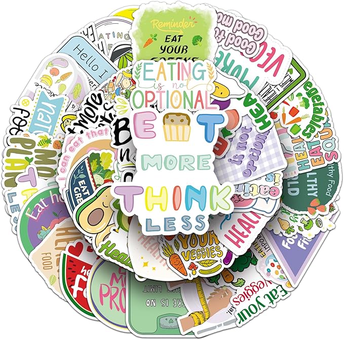 50pcs Healthy Diet Stickers,Healthy Eating Stickers Fruit & Vegetable Meal Decorative Stickers, Self-Adhesive for Scrapbooking, Kitchen Decoration, Weight Loss Plan Recordin