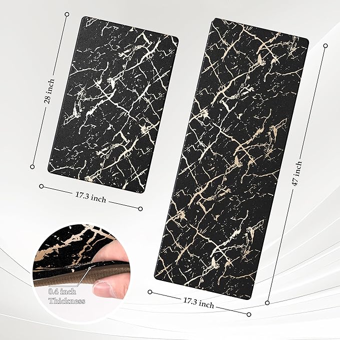Gold Foil Stamped Marble Kitchen Mats for Floor 2PCS Cushioned Anti Fatigue Non Slip Waterproof Comfort Leather Kitchen Rugs 2/5 Inch PVC Kitchen Mats for Sink, Laundry, 17.3"x28"+17.3"x47", Black