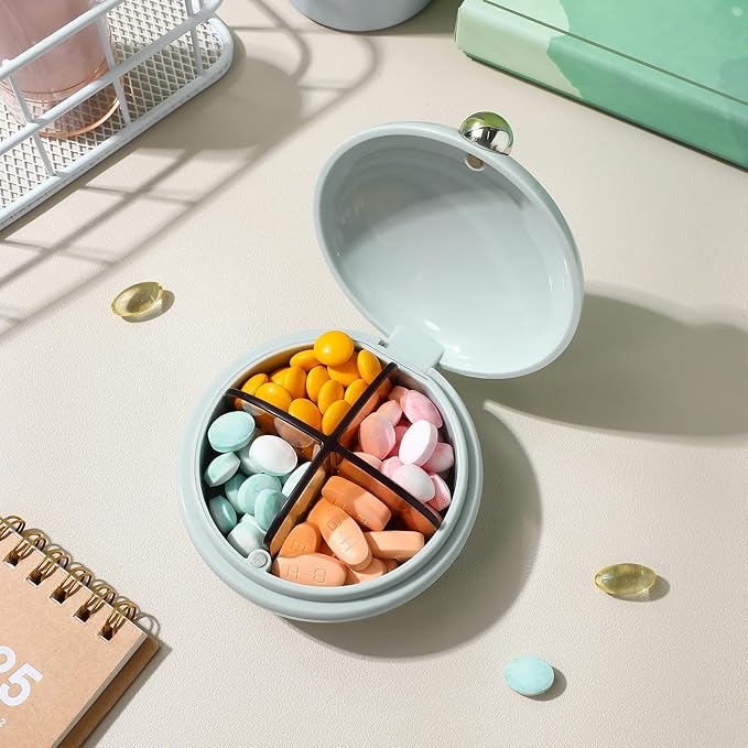 Totority Pill Organizer Travel Case, 4-Compartment Small Medicine Holder with Lock Lid, Portable Pillbox for Purse, Pocket, Outdoor Activities, Leak-Proof & Compact Design