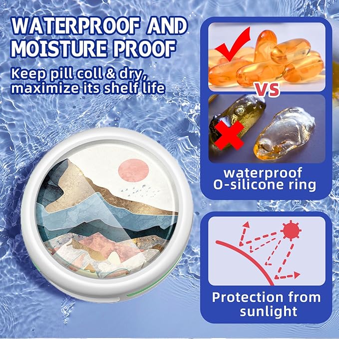 Serfeymi Small Pill Box - 3 Compartments Portable Pill Box for Purse Pocket, Compact Mini Travel Pill Case - Suitable for Medicine, Vitamin, Fish Oil, Supplements - White(Mountain Sunrise)