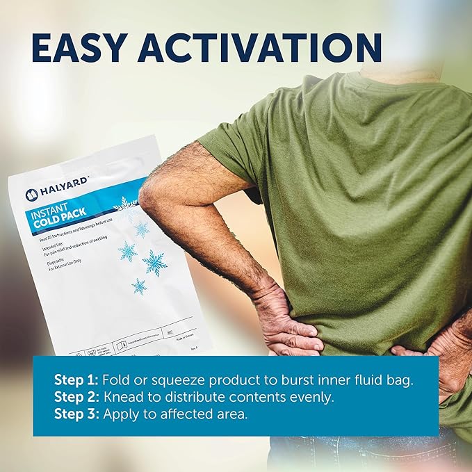 HALYARD Instant Cold Pack Disposable Cold Compress Ice Packs for Swelling Injuries Toothaches Sprains Strains 6 x 9 Inches, 24 Packs Per Case - 51779