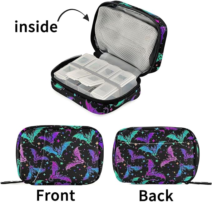 Travel Pill Organizer Bag Weekly Pill Organizer Case Goth Halloween Luminous Bats Portable Small Daily Pill Boxes for Vitamin Fish Oils Supplement Holder with Zipper Compact Size