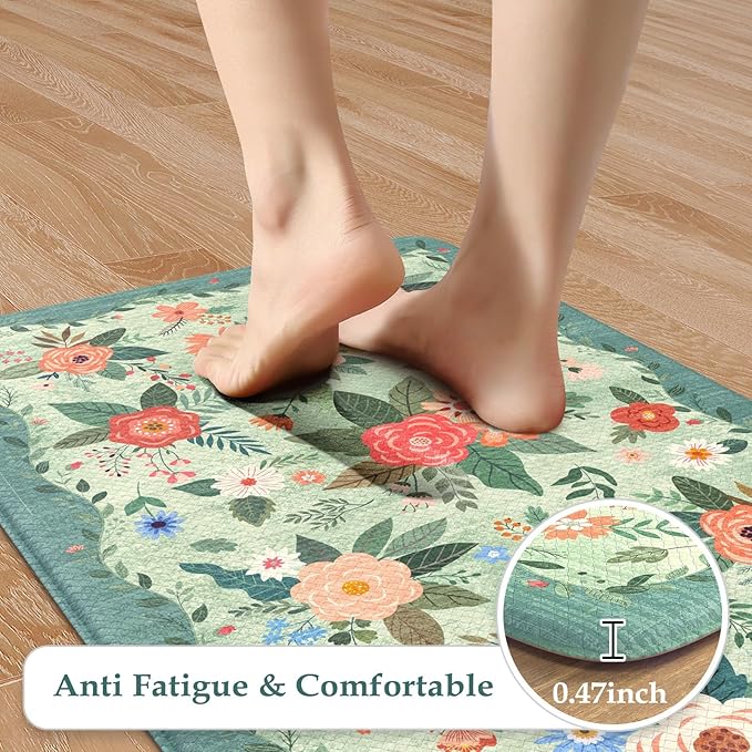 KIMODE Kitchen Mats for Floor Cushioned Anti Fatigue, Green Floral Kitchen Rugs Sets of 2, Boho Rugs for Kitchen Floor, Comfort Kitchen Floor Mats, Standing Desk Mat for Sink Laundry 20"x47"+20"x32"