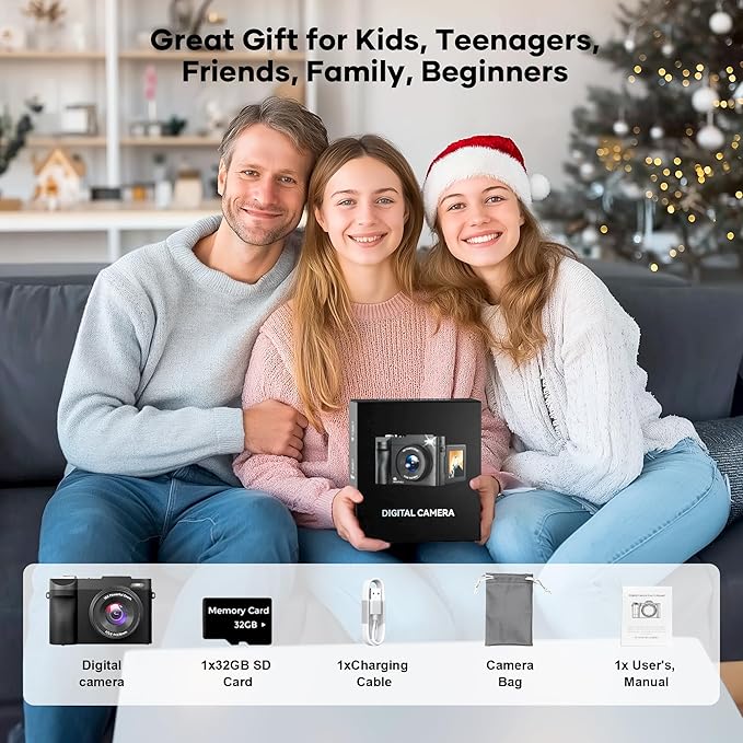 4K Digital Camera for Photography Auto-Focus, Compact 50MP Camera with 180° Flip Screen, 16X Digital Zoom, Camara Fotografica with 32GB Card – Great for Vlogging and Learning Photography