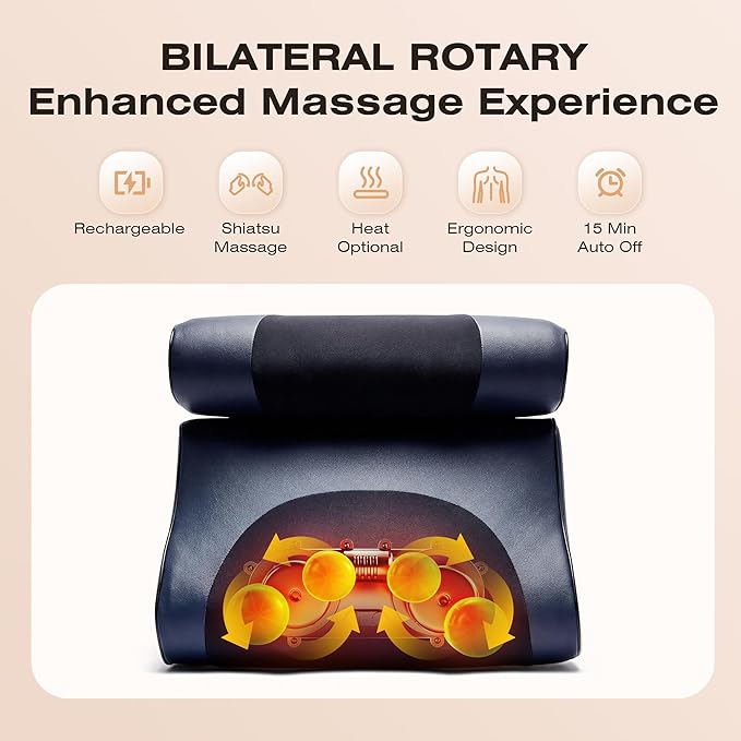 Neck Massager with Heat, 4D Shiatsu Deep Kneading for Pain Relief in Neck, Back, Shoulders, Legs & Feet, Deep Tissue Portable Massage Pillow,Rechargeable Cordless, Perfect Birthday Gifts for Women