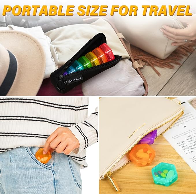 Small Pill Box, 7 Packs Travel Pill Case with Bag, Mini Pill Organizer for Pocket Purse, Daily Portable Medicine Vitamin Box, Fish Oil, Portable Medicine Pill Organizer for Supplements