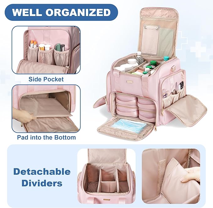 Rolling Medicine Bag for Travel, Large Pill Bottle Storage Bag on Wheels with 4 Cases and Detachable Trolley,Pink
