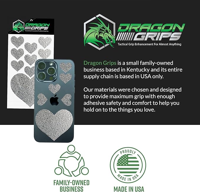 Dragon Grips Heart Stickers - 10 Pcs Chrome Heart-Shaped Rubberized Grip Stickers - Waterproof, Multi-Purpose, Non-Slip, Textured Cell Phone Grip Tape for Laptop, Mouse, Tablet, iPad, iPhone Case
