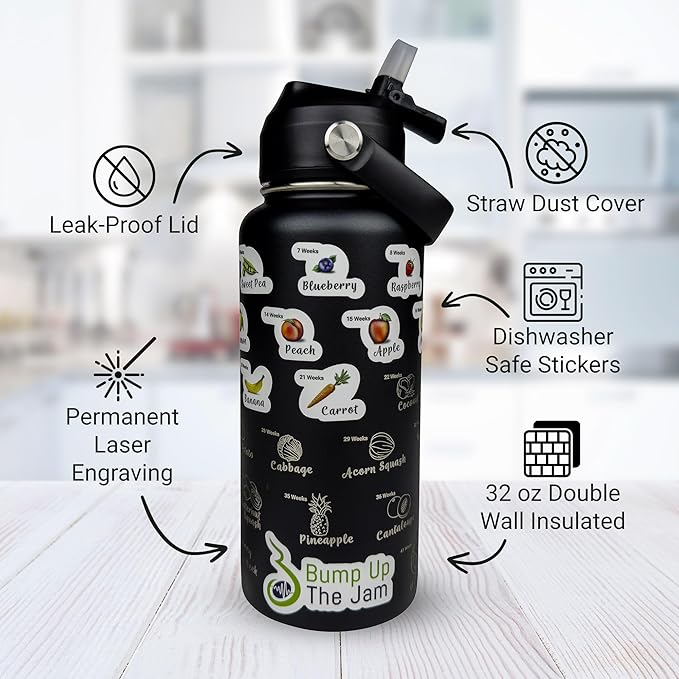 Pregnancy Water Bottle Tracker - 32 Ounce Stainless Steel - Includes Weekly Pregnancy Tracker Stickers (Midnight Black Color)