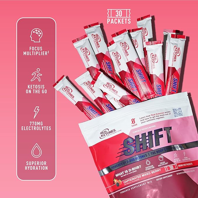 Real Ketones BHB Exogenous Ketones Drink Mix Packets Keto Electrolytes Powder Packets No Sugar with 4 Main Fasting Electrolytes Plus Hydrating Patented Keto BHB - 30 Count Mixed Berry Caffeine