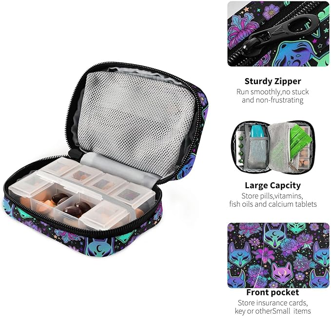 Travel Pill Organizer Bag Weekly Pill Organizer Case Psychedelic Fox Camellia Purple Portable Small Daily Pill Boxes for Vitamin Fish Oils Supplement Holder with Zipper Compact Size