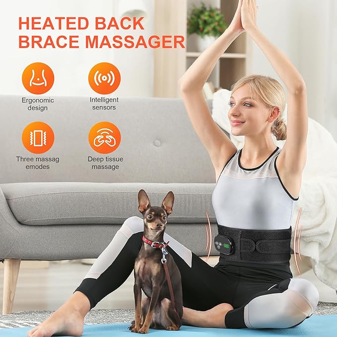 YUANBO Lower Back Heating Pad with Massager for Back Pain Relief, Cordless Heated Back Brace Vibration Wrap with 6 Heat & Timer, Heating Support Belt for Lumbar - Gifts for Mom & Dad