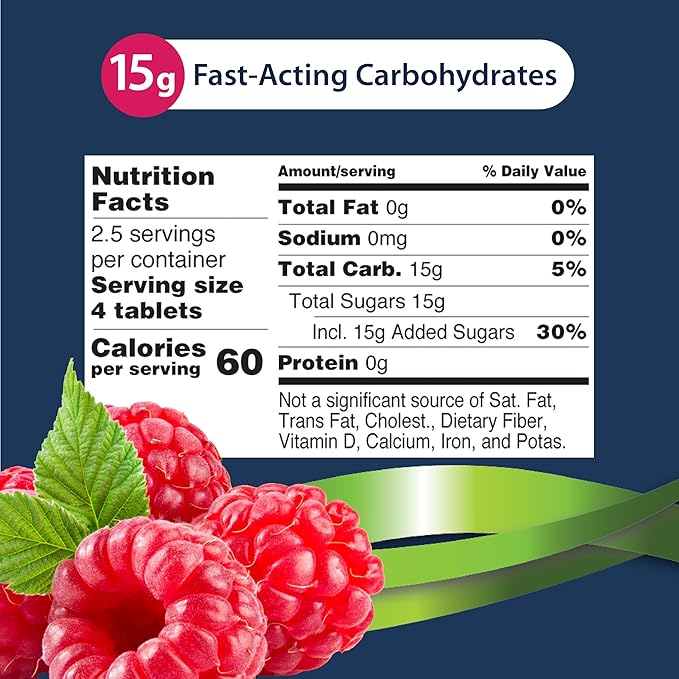TRUEplus Glucose Tablets, Chewable, Raspberry Flavor, 15g Fast-Acting Carbohydrates, Fat Free, Gluten Free, Raise Low Blood Sugar and Boost Energy, 10 Count, 72 Tubes