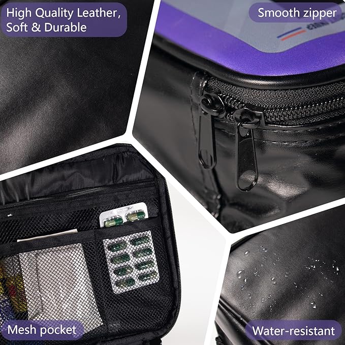Medicine Bag, PU Leather Pill Bottle Organizer Storage, First Aid Bag Medication Travel Bag for Pills, Vitamins, Medical Supplies for Home, Traveling Hiking Camping (Purple)