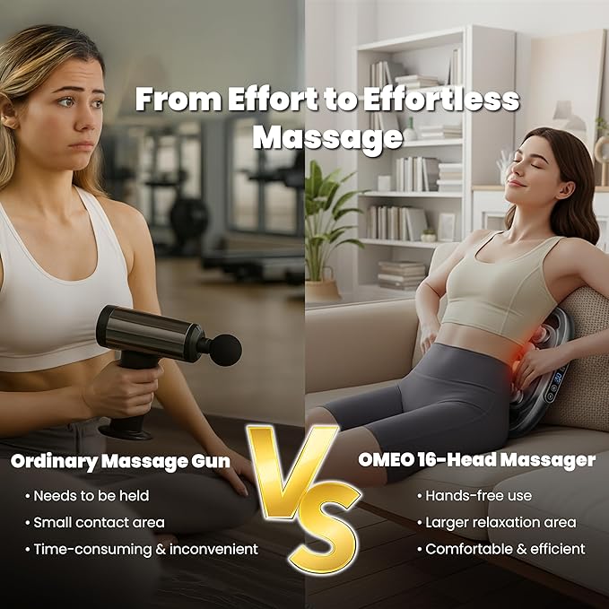 OMEO 16-Head Deep Tissue Massage Gun – Professional Percussion Massager with 30 Intensities & Quiet Motor | Portable Muscle Massager for Pain Relief, Neck, Back, Shoulders & Legs (Black)