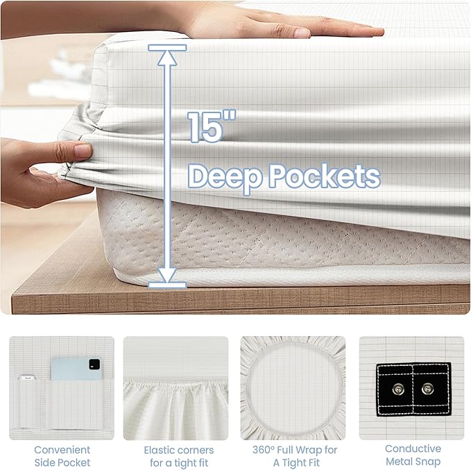 Grounding Sheets White King Size - 90% Organic Cotton + 10% Pure Silver Fitted Bed Sheet for Earthing - 400 Thread Count Deep Pocket Grounded Sheet - Improved Sleep Down to Earth Ground Bedding