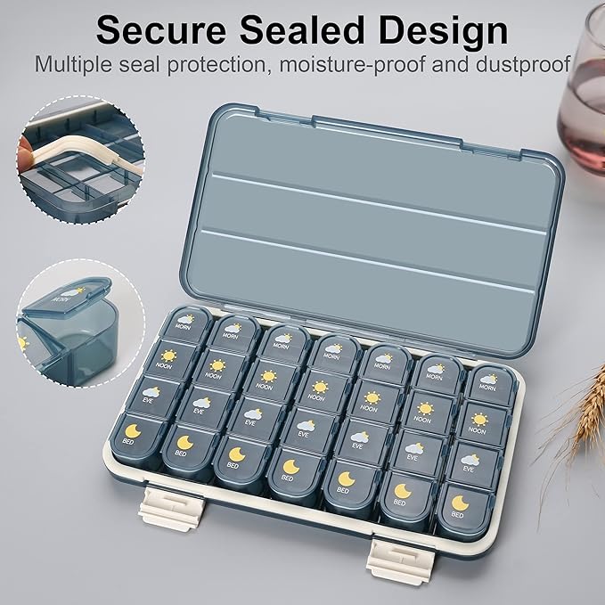 Pill Organizer 4 Times A Day, Pill Box 7 Day, Acedada Weekly (4X A Day) Travel Medicine Organizer Box, Large Pill Container Case Vitamins Holder Pill Dispenser, Blue