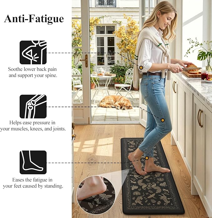 LEEVAN Cushioned Kitchen Mats for Floor 2 Piece, Anti Fatigue Mats for Kitchen Floor Non-Slip, Black Memory Foam Kitchen Mat Set, Waterproof Ergonomic Standing Mat for Bar, Office,Desk, Laundry