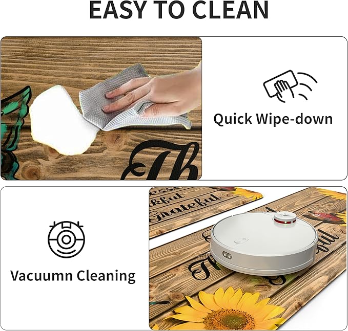 MAYHMYO Sunflower Kitchen Mat Set of 2 - Anti Fatigue Mats for Kitchen Floor - Non Slip Cushioned Rugs for Standing (17.3"×29"+17.3"×47"-0.4") Wood Grain