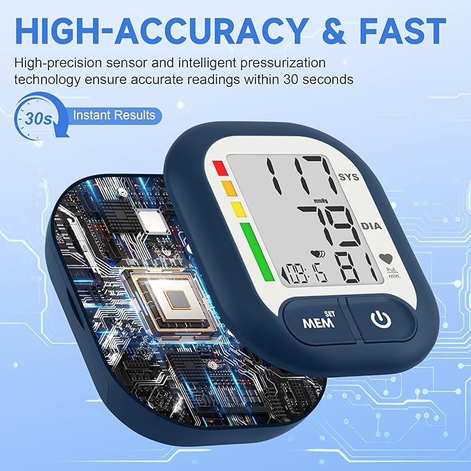 Blood Pressure Monitor Adjustable Wrist Cuff for Home Use Automatic BP Machine Large Digital LCD Display 199 Memory Batteries Included with Carrying Case, Navy