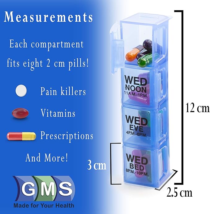 GMS 4 Times Per Day Weekly Slant Tray Pill Organizer - Includes 7 Removable Pill Boxes for Organizing and Reminding Medications While Traveling, Working, and Other Daily Activities(Rainbow)