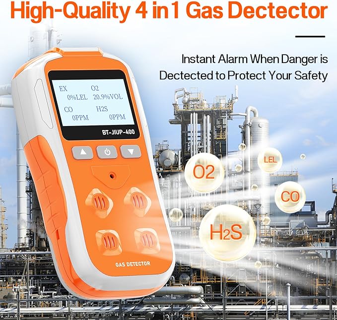 Gas Detector, 4-in-1 Monitor for H2S, CO, LEL, and O2 with Vibration, Visual, and Audible Alarms, 14-Hour Battery Life, Safety-Rated Explosion-Proof, for Work and Home - Orange