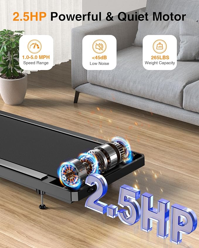 Walking Pad Treadmill with Handle Bar, 2.5 HP Portable Compact Under Desk Treadmills, 5.0 Speed Walking Pad with App, Small Folding Treadmill for Home Office, LED Display