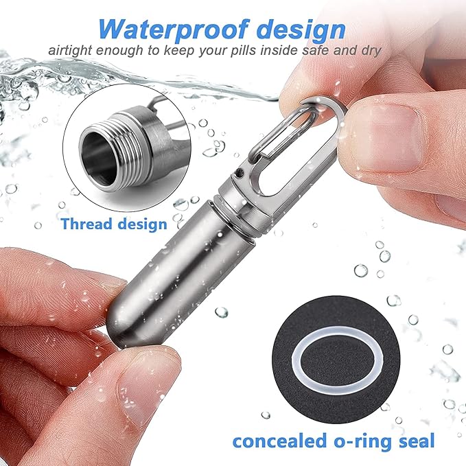 Keychain Waterproof Locking Pill Holder, Titanium Pill Container, Daily Pill Organizer Portable Travel Pill Case Box, Airtight Pill Storage Bottle for Purse Pocket Outdoor Camping