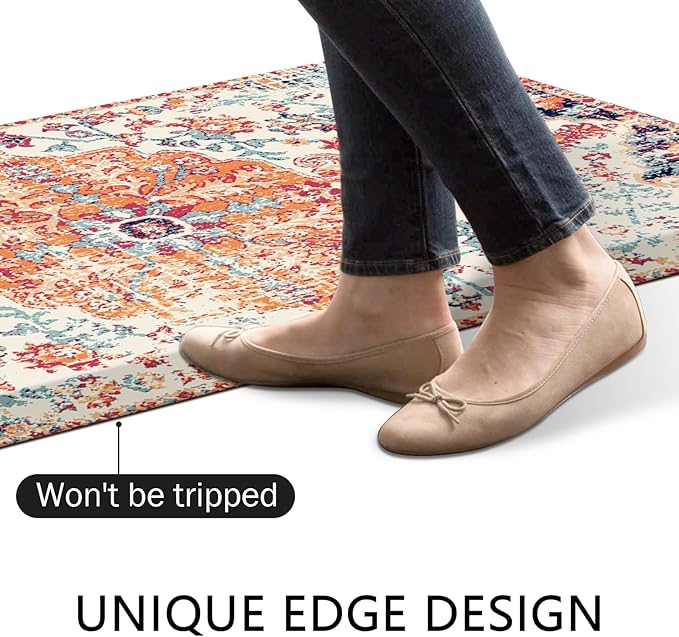 MAYHMYO Boho Kitchen Mat Anti Fatigue Ethnic Kitchen Cushioned Floor Mat Orange Blue Kitchen Rugs Non Slip Rugs for Kitchen Floor Office