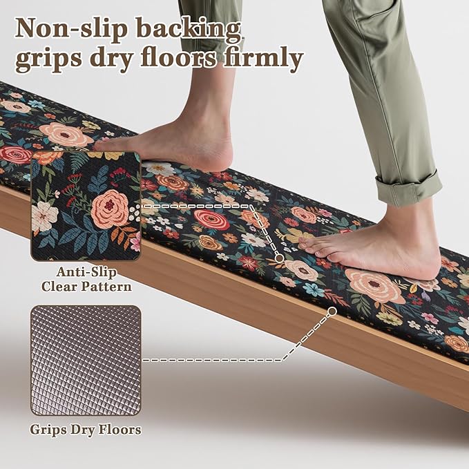 Arttown Kitchen Mats for Floor 2Pcs-Anti Fatigue Non Slip Mats for Kitchen Floor, Cushioned Waterproof & Stain-Resistant Boho Floral Mat Set, Laundry Room, Office, Sink, Desk (Black)